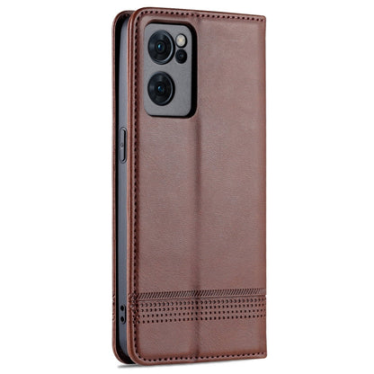 For OPPO Reno7 Global AZNS Magnetic Calf Texture Flip Leather Phone Case(Dark Brown)