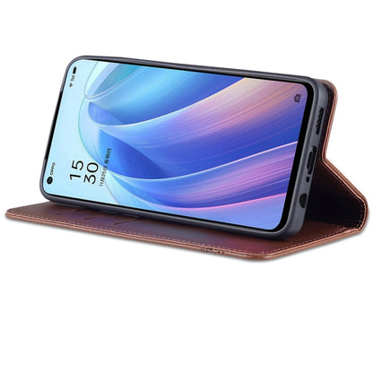 For OPPO Reno7 Global AZNS Magnetic Calf Texture Flip Leather Phone Case(Dark Brown)