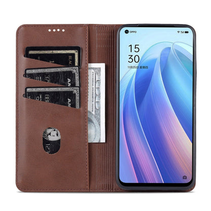 For OPPO Reno7 Global AZNS Magnetic Calf Texture Flip Leather Phone Case(Dark Brown)