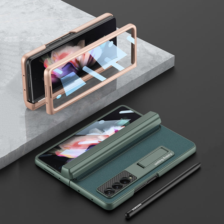 For Samsung Galaxy Z Fold3 5G GKK Magnetic Hinge Plain Leather Phone Flip Case with Pen Box(Carbon Fiber Texture)