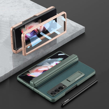 For Samsung Galaxy Z Fold3 5G GKK Magnetic Hinge Plain Leather Phone Flip Case with Pen Box(Carbon Fiber Texture)