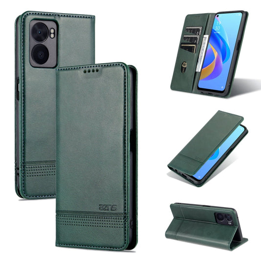 For OPPO A57 5G/Realme Q5i/Realme V23 AZNS Magnetic Calf Texture Flip Leather Phone Case(Dark Green)