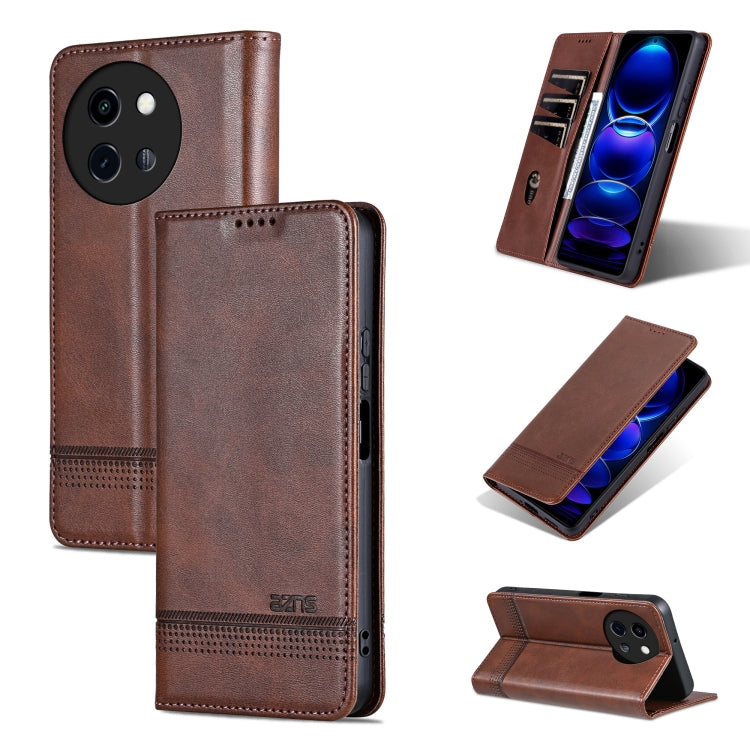For vivo Y200i 5G/Y38/T3x AZNS Magnetic Calf Texture Leather Phone Case(Dark Brown)