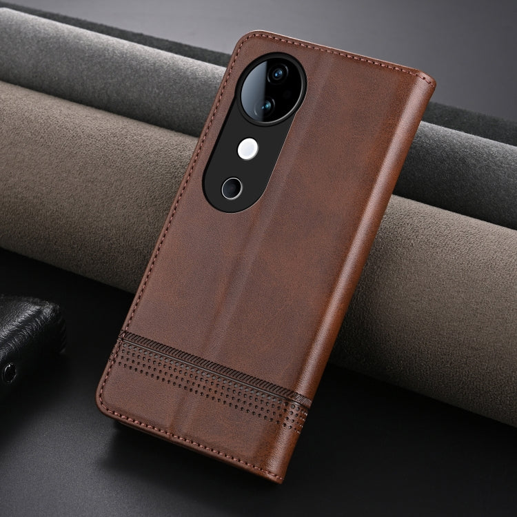 For vivo S19 AZNS Magnetic Calf Texture Leather Phone Case(Dark Brown)