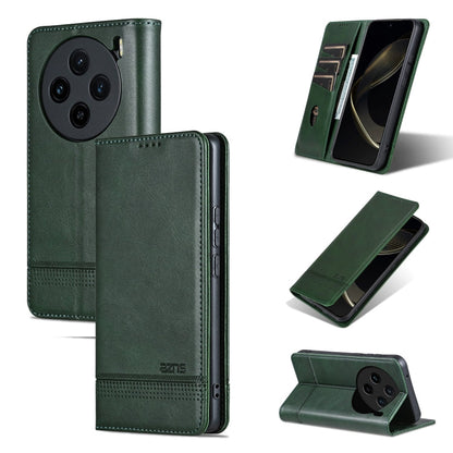 Pour coque de téléphone en cuir texturé de veau magnétique AZNS pour vivo X100s (vert foncé)