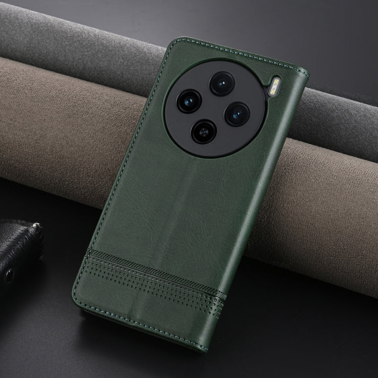 Pour coque de téléphone en cuir texturé de veau magnétique AZNS pour vivo X100s (vert foncé)