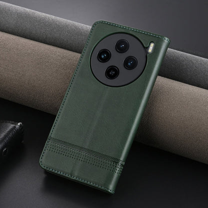Pour coque de téléphone en cuir texturé de veau magnétique AZNS pour vivo X100s (vert foncé)