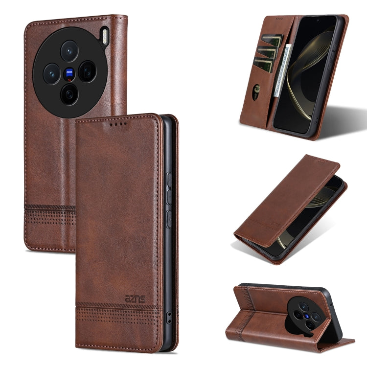 Pour l'étui de téléphone en cuir texturé de veau magnétique AZNS pour Vivo X200 (marron foncé)