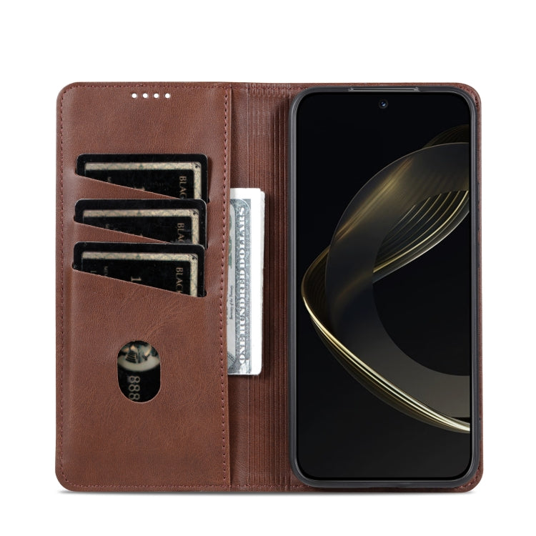 Pour l'étui de téléphone en cuir texturé de veau magnétique AZNS pour Vivo X200 (marron foncé)