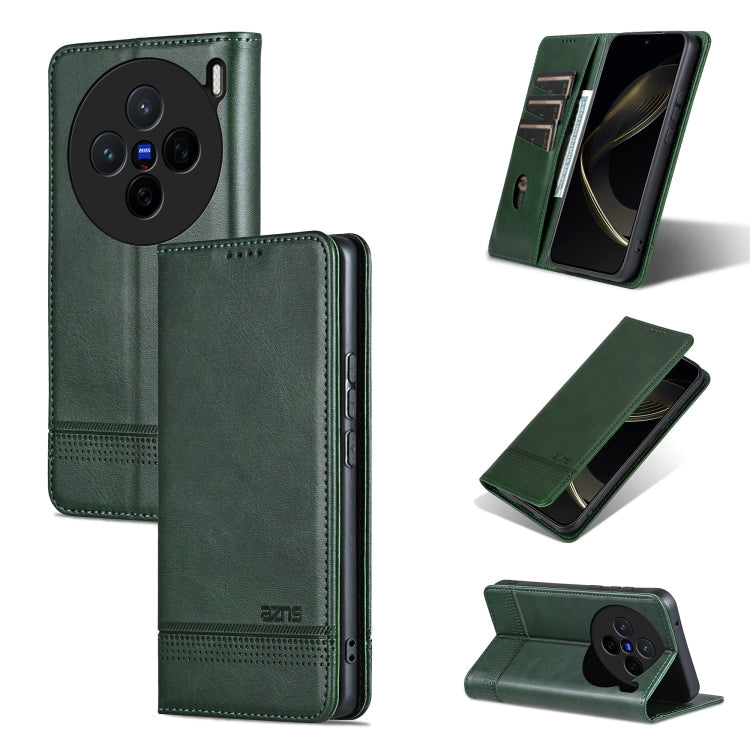 Pour coque de téléphone en cuir avec texture de veau magnétique AZNS pour vivo X200 (vert foncé)