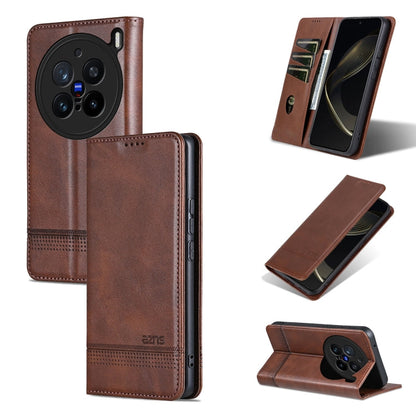 Pour l'étui de téléphone en cuir texturé de veau magnétique AZNS pour vivo X200 Pro (marron foncé)