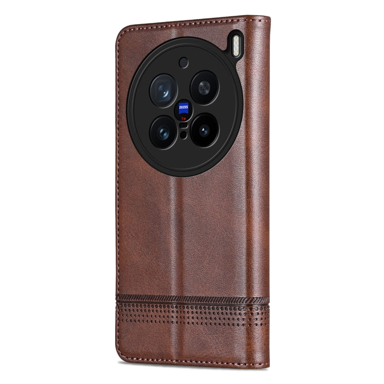Pour l'étui de téléphone en cuir texturé de veau magnétique AZNS pour vivo X200 Pro (marron foncé)