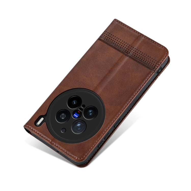 Pour l'étui de téléphone en cuir texturé de veau magnétique AZNS pour vivo X200 Pro (marron foncé)