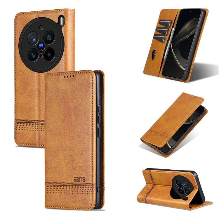 Pour étui de téléphone en cuir texturé de veau magnétique AZNS pour vivo X200 Pro (marron clair)