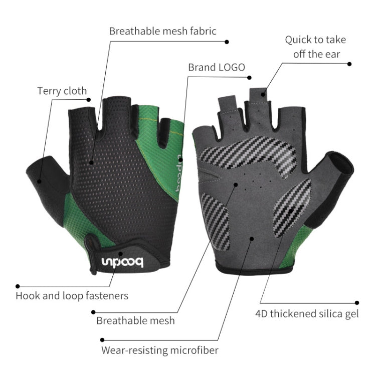 Gants de vélo BOODUN 1408 avec absorption des chocs en silicone 4D, coupe-doigts, respirants, pour l'extérieur, taille L (noir et vert)