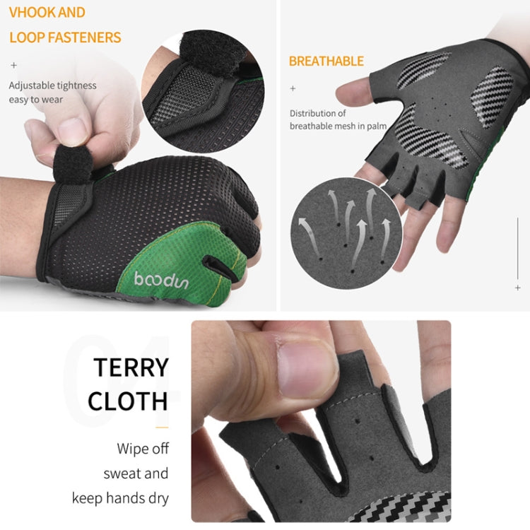 Gants de vélo BOODUN 1408 avec absorption des chocs en silicone 4D, coupe-doigts, respirants, pour l'extérieur, taille L (noir et vert)