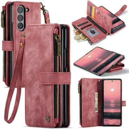Pour Samsung Galaxy Z Fold6 5G Étui Caseme C30 Multifonctionnel avec Fentes pour Cartes et Fermeture Éclair, Étui en Cuir pour Téléphone (Rouge)