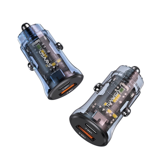 USAMS US-CC164 C32 30W Transparent Dual Port Mini Car Charger(Blue)