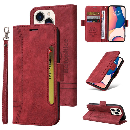 Pour iPhone 14 Pro, étui de téléphone en cuir à double boucle BETOPNICE (rouge)