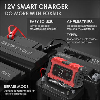 Chargeur de batterie intelligent FOXSUR 6A 12V pour moto/voiture, type de prise : prise britannique (rouge)
