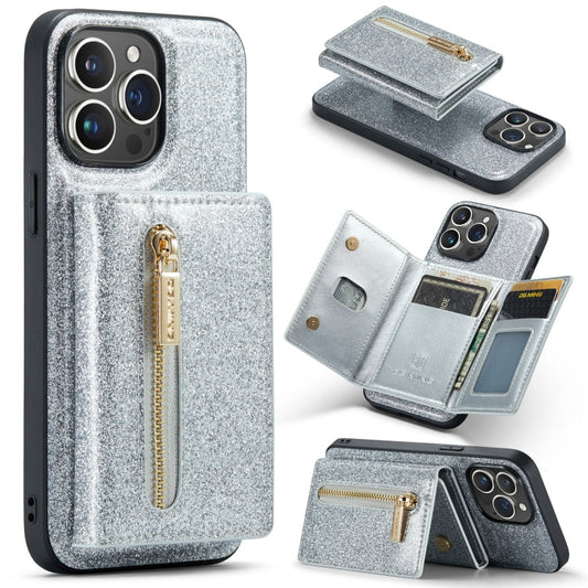 Pour iPhone 14 Pro DG.MING M3 Series Glitter Powder Card Bag Étui en cuir (Argent)