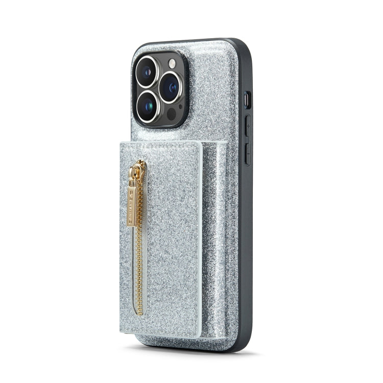 For iPhone 14 Pro DG.MING M3 Series Glitter Powder Card Bag Leather Case(Silver)