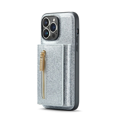 For iPhone 14 Pro DG.MING M3 Series Glitter Powder Card Bag Leather Case(Silver)