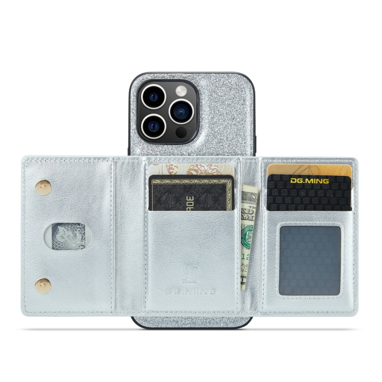 For iPhone 14 Pro DG.MING M3 Series Glitter Powder Card Bag Leather Case(Silver)