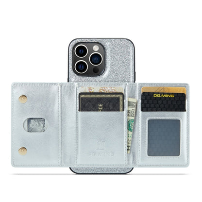 For iPhone 14 Pro DG.MING M3 Series Glitter Powder Card Bag Leather Case(Silver)