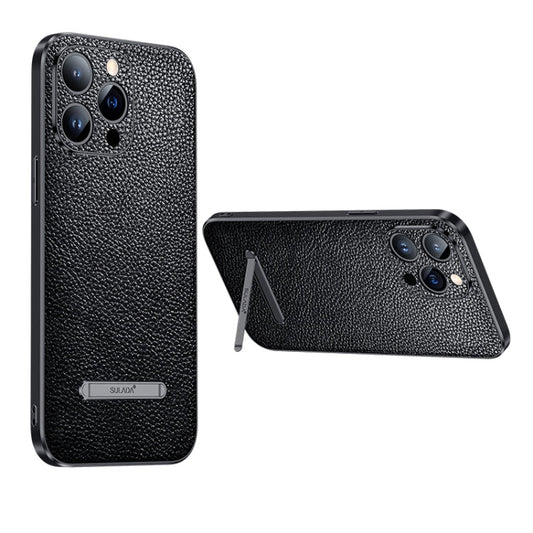 For iPhone 14 SULADA Invisible Bracket Leather Back Cover Phone Case(Black)