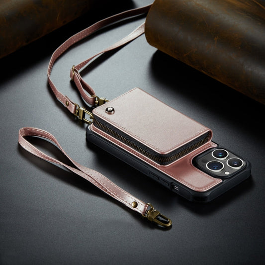 Pour iPhone 14 Plus Étui Portefeuille Zippé JEEHOOD Série C22 avec Lanière Longue et Courte (Or Rose)