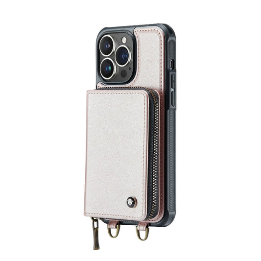 Pour iPhone 14 Plus Étui Portefeuille Zippé JEEHOOD Série C22 avec Lanière Longue et Courte (Or Rose)