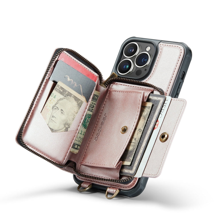 For iPhone 14 Plus JEEHOOD C22 Series Zipper Wallet Phone Case with Long and Short Lanyard(Rose Gold)