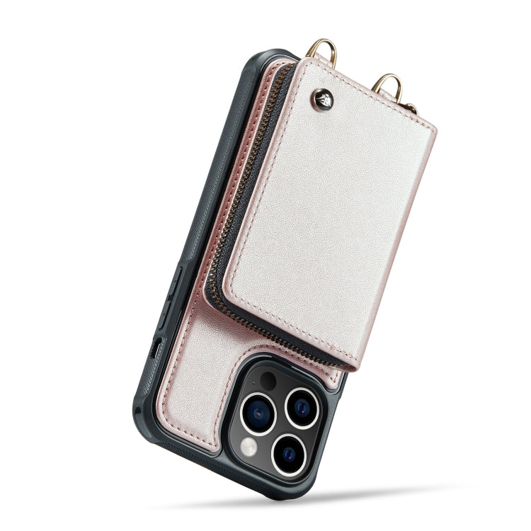 For iPhone 14 Plus JEEHOOD C22 Series Zipper Wallet Phone Case with Long and Short Lanyard(Rose Gold)