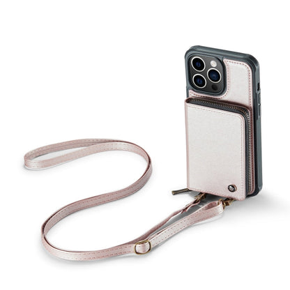 For iPhone 14 Plus JEEHOOD C22 Series Zipper Wallet Phone Case with Long and Short Lanyard(Rose Gold)
