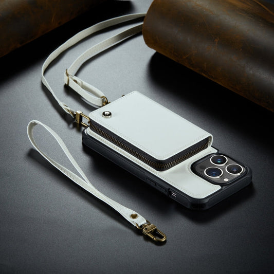 Pour iPhone 14 Plus JEEHOOD C22 Series Étui portefeuille zippé avec lanière longue et courte (blanc)