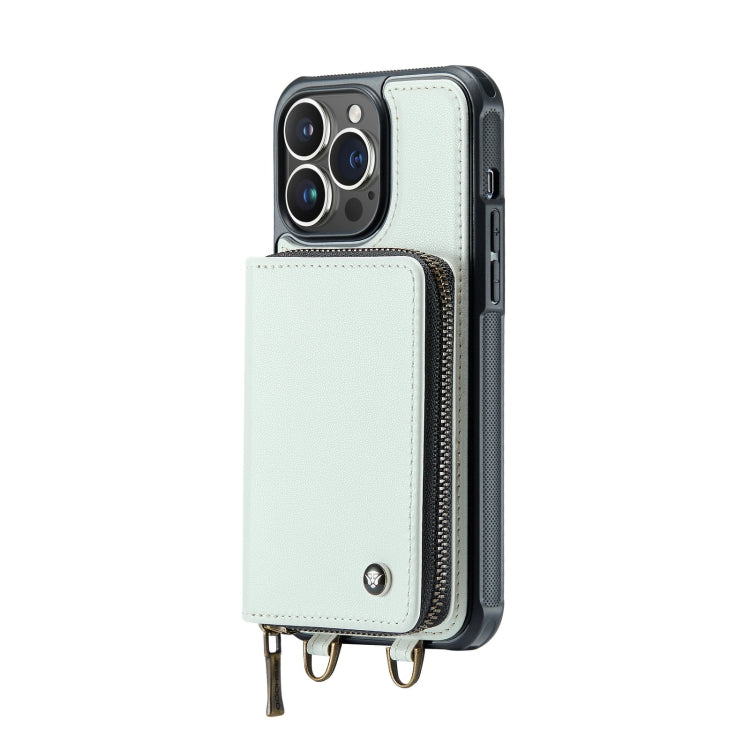 For iPhone 14 Plus JEEHOOD C22 Series Zipper Wallet Phone Case with Long and Short Lanyard(White)