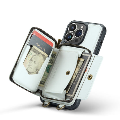 For iPhone 14 Plus JEEHOOD C22 Series Zipper Wallet Phone Case with Long and Short Lanyard(White)