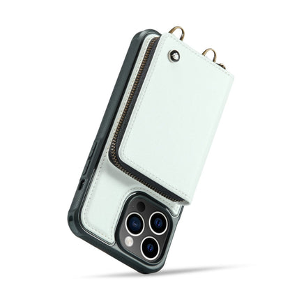 For iPhone 14 Plus JEEHOOD C22 Series Zipper Wallet Phone Case with Long and Short Lanyard(White)