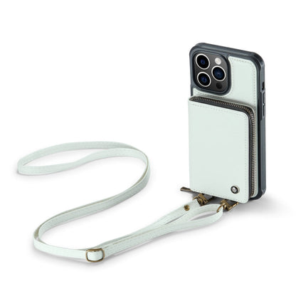 For iPhone 14 Plus JEEHOOD C22 Series Zipper Wallet Phone Case with Long and Short Lanyard(White)