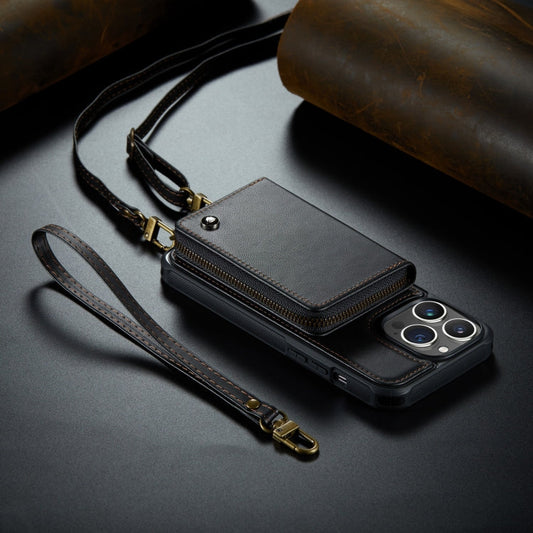 Pour iPhone 14 Pro Coque portefeuille à glissière JEEHOOD C22 Series avec cordon long et court (noir)