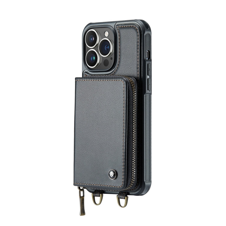 For iPhone 14 Pro JEEHOOD C22 Series Zipper Wallet Phone Case with Long and Short Lanyard(Black)
