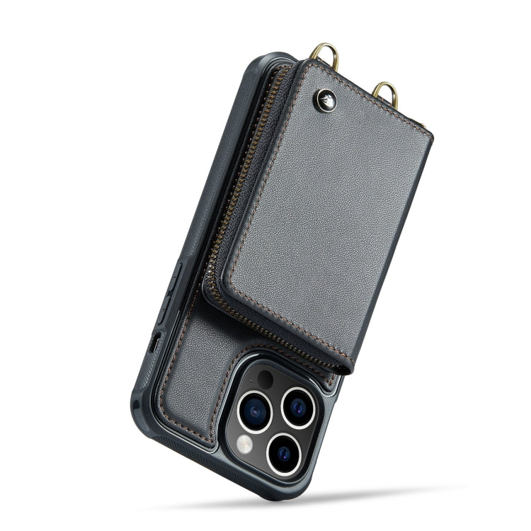 For iPhone 14 Pro JEEHOOD C22 Series Zipper Wallet Phone Case with Long and Short Lanyard(Black)