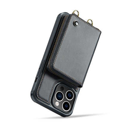 For iPhone 14 Pro JEEHOOD C22 Series Zipper Wallet Phone Case with Long and Short Lanyard(Black)