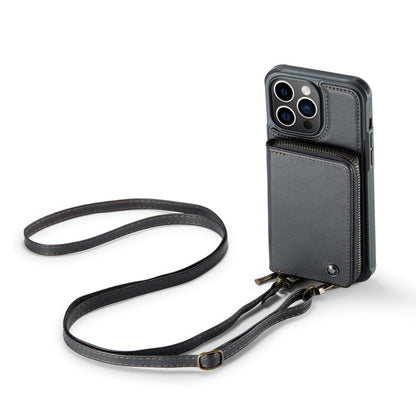 For iPhone 14 Pro JEEHOOD C22 Series Zipper Wallet Phone Case with Long and Short Lanyard(Black)