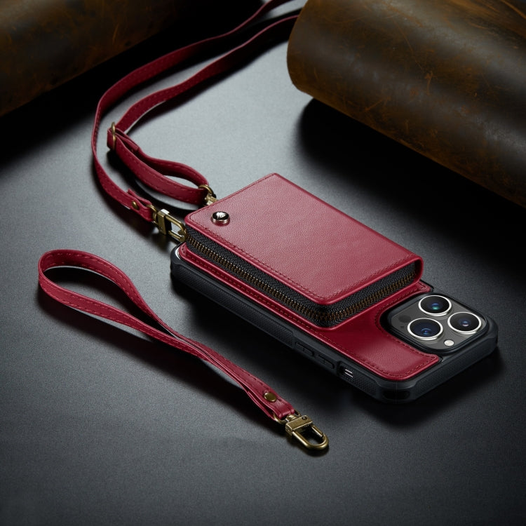 For iPhone 14 Pro JEEHOOD C22 Series Zipper Wallet Phone Case with Long and Short Lanyard(Red)