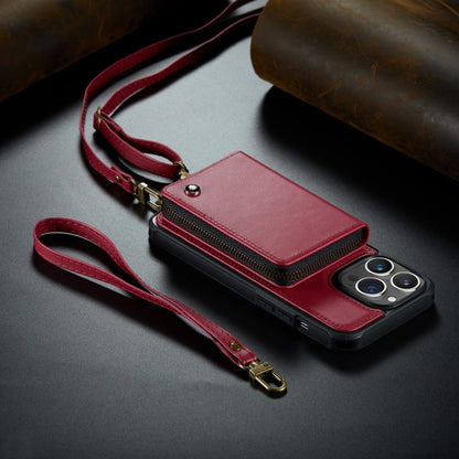 For iPhone 14 Pro JEEHOOD C22 Series Zipper Wallet Phone Case with Long and Short Lanyard(Red)