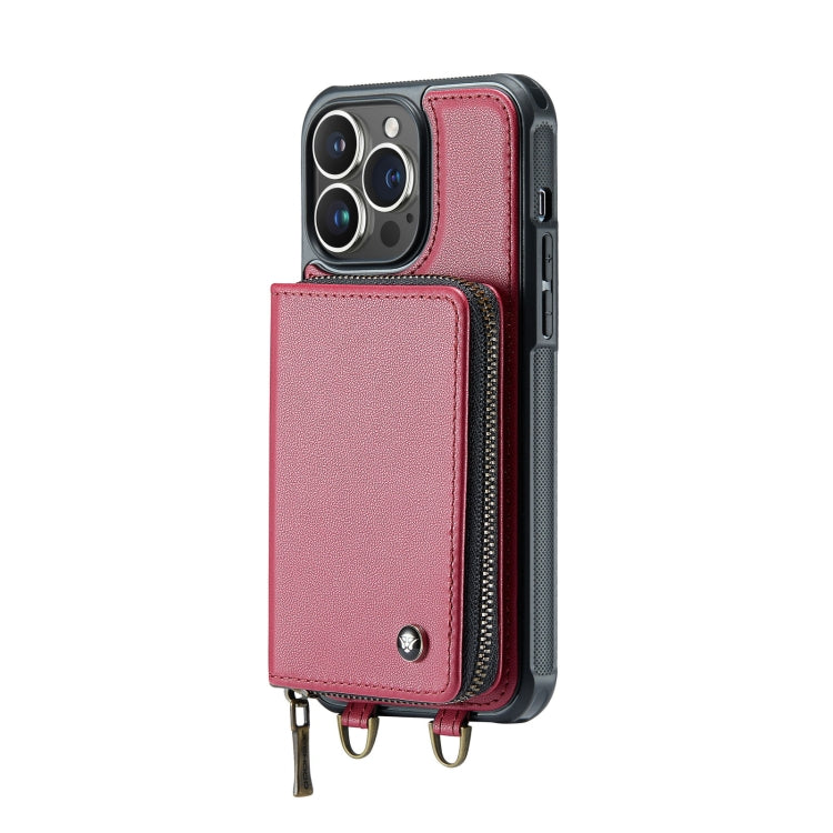 For iPhone 14 Pro JEEHOOD C22 Series Zipper Wallet Phone Case with Long and Short Lanyard(Red)