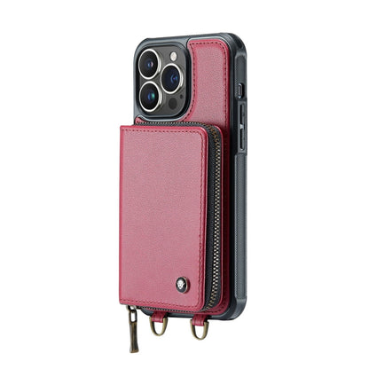 For iPhone 14 Pro JEEHOOD C22 Series Zipper Wallet Phone Case with Long and Short Lanyard(Red)