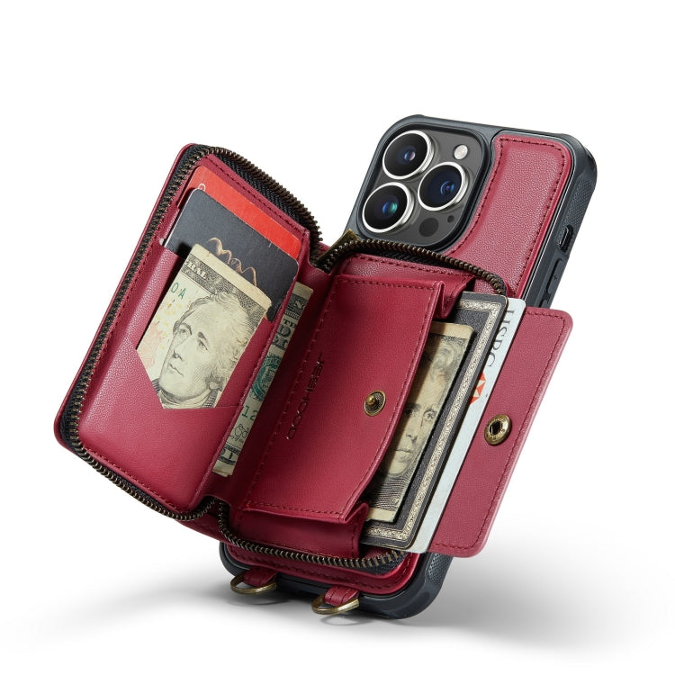 For iPhone 14 Pro JEEHOOD C22 Series Zipper Wallet Phone Case with Long and Short Lanyard(Red)